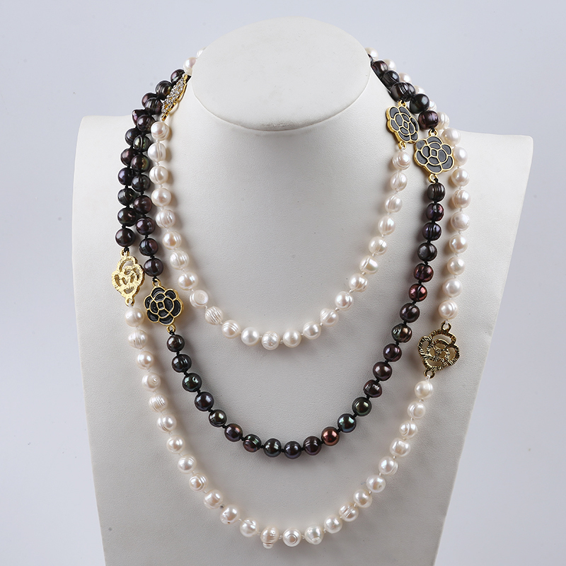 Classic White And Black Long Pearl Sweater Necklace