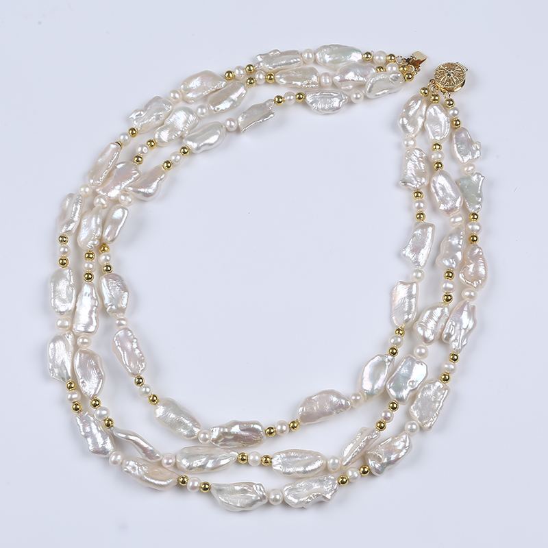 Three Row High Quality Biwa Pearl Necklace for Party